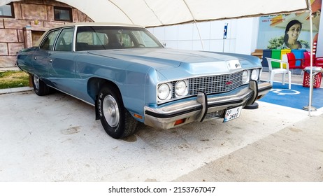 Side View Of A Blue Cadillac Eldorado Under The Canopy. Careful Storage Of A Vintage Car. Car Show Outdoor. Car Restoration. Turkey - September 10, 2021