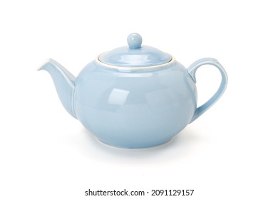 Side view of a blue china tea pot isolated on white background. Contains clipping path. - Shutterstock ID 2091129157