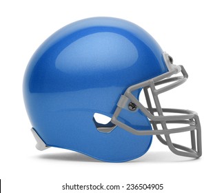 Side View Of Blue Foot Ball Helmet With Copy Space Isolated On White Background.