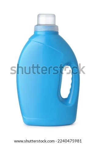 Side view of blue plastic bottle with handle isolated on white
