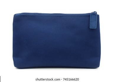 Side view of blue toiletry bag isolated on white
