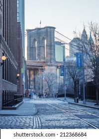 Side View Of Brooklyn Bridge From Dumbo Streets.