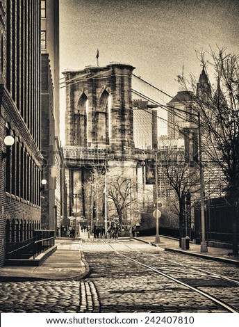 Side view of Brooklyn Bridge from Dumbo streets.