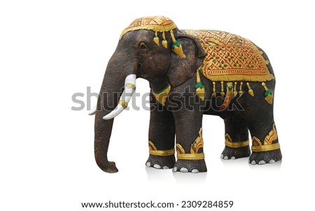 side view brown and black elephant wooden sculpture on white background, object, animal, gift, decor, fashion, copy space