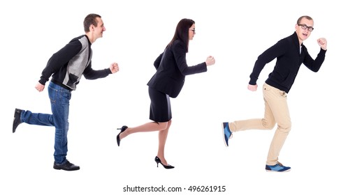 side view of business people running isolated on white background