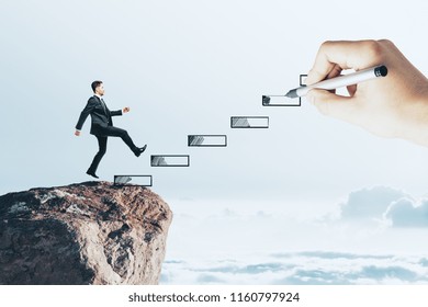Side view businessman climbing abstract drawn stairs cliff sky background  Career development   growth concept 