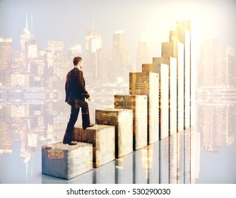 Side View Of Businessman Climbing Chart Bar Ladder On City Background. Double Exposure. Success Concept