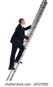 Side View Of A Businessman Climbing A Ladder, Isolated On A White Background.