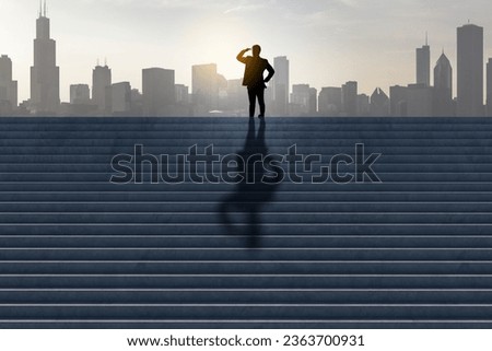 Side view of businessman silhouette looking into the distance on stairs with shadow and city skyline in the background. Success, tomorrow, future and vision concept