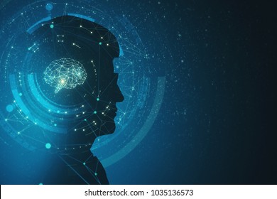 Side view of businessman silhouette with polygonal brain. Artificial intelligence and science concept. Doouble exposure