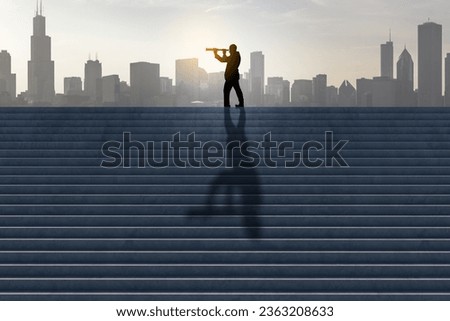 Side view of businesswoman silhouette with telescope looking into the distance on stairs with shadow and city skyline in the background. Success, tomorrow, future and vision concept