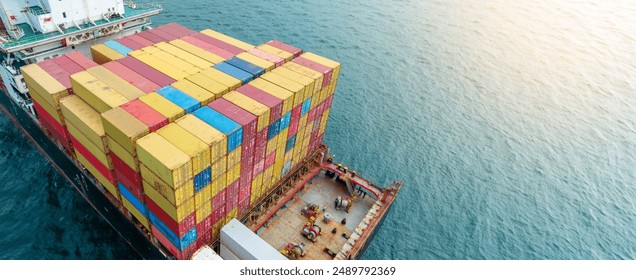 Side view Cargo container ship carrying container and running in the ocean near international container port customs shipyard sea port concept smart logistic service. transportation logistics trading.