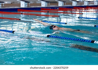 Side View Of Caucasian Male Swimmer At Swimming Pool, Wearing Black Swimming Cap And Swimming Goggles, Swimming Backstroke. Swimmers Training Hard For Competition.