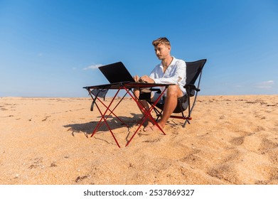 Side view of Caucasian man using laptop while sitting in sun lounger on beach on sunny day. Guy in white shirt working on laptop at sea, freelancer in world time - Powered by Shutterstock