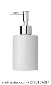 Side view of ceramic liquid soap dispenser bottle isolated on white