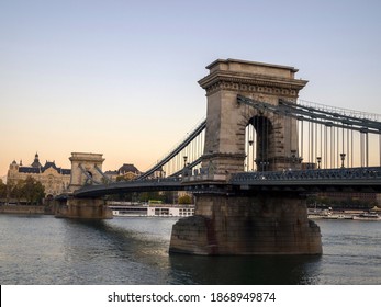 Side View Of The Széchenyi Chain Bridge. Budapest, Hungary - October 2019