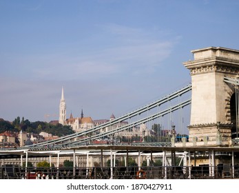 Side View Of The Széchenyi Chain Bridge. Budapest, Hungary - October 2019