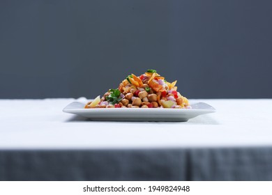 Side View Chola Chana Chaat, Plate Of Chickpeas Curry Or Chola Masala. Ramadan Iftari Dinner. Ramzan Meal. Specially For Eid, Diwali Or. Top Refreshment For Roza Iftar. Indian Street Food