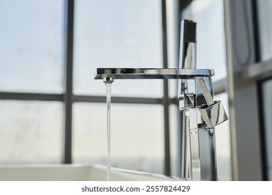 Side view of chrome bathroom faucet with running water filling modern freestanding bathtub in luxurious bathroom with panoramic windows, copy space - Powered by Shutterstock