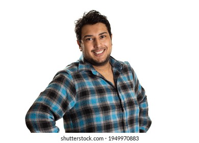 Side View Of Chubby Guy Posing For Photo. Isolated On White Background.