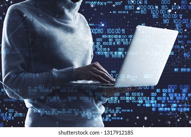Side view and close up of hacker using laptop with creative binary code interface. Software and malware concept. Double exposure 