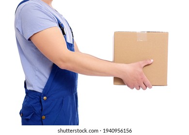 Side View Close Up Of Loader Man Giving A Box Isolated On White Background