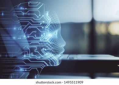 Side View And Close Up Of Notebook With Glowing Circuit Head Outline. AI And Machine Learning Concept. Double Exposure 