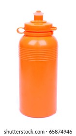 Side View Of A Closed Orange Sport Plastic Water Bottle. Image Isolated On White Studio Background.