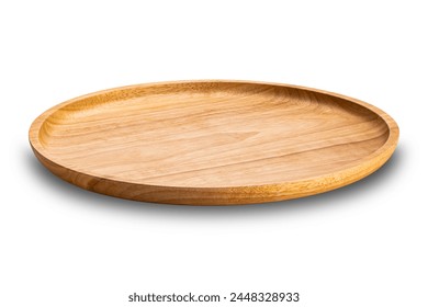 Side view closeup of empty new wooden plate isolated on white background with clipping path.