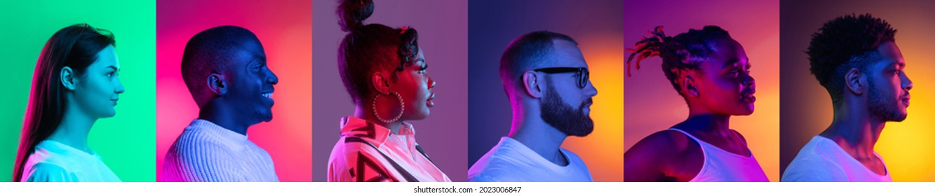Side view. Collage of young smiling people, men and women isolated over multicolored neon backgrounds. Concept of emotions, facial expression, fashion, beauty