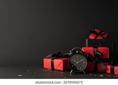 Side view composition featuring a black alarm clock with decorative red gift boxes celebrating Black Friday