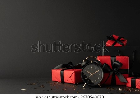 Side view composition featuring a black alarm clock with decorative red gift boxes celebrating Black Friday