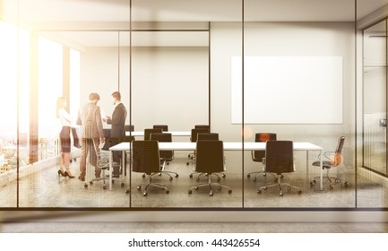 Side view of conference room interior with blank whiteboard, discussing businesspeople, furniture, city view and sunlight. Double exposure. Mock up, 3D Rendering