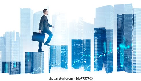 Side view of confident young businessman with briefcase climbing bar chart in abstract city with double exposure of blurry digital graphs. Concept of career ladder and stock market