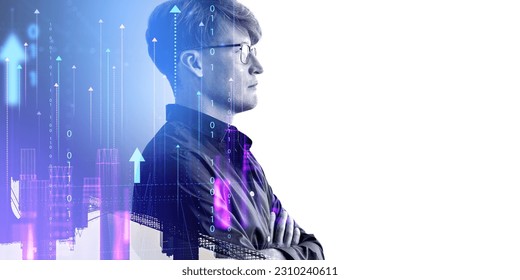 Side view of confident young businessman with double exposure of abstract cityscape and wireframe city interface over white background. Concept of matrix. Copy space - Powered by Shutterstock