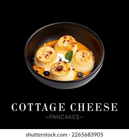 Side view of cottage cheese pancakes with sour cream and berries isolated on black background. Ready square menu banner with text and copy space. Traditional dish of Eastern Europe served in bowl - Powered by Shutterstock