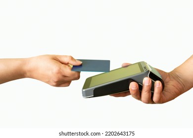 Side view of credit card contactless payment on a  white background