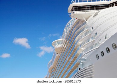 Side View Of Cruise Ship On The Blue Sky Background