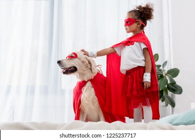 Side view of cute little african american kid and dog standing on the bed