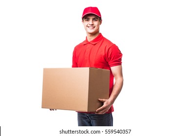 Side view of delivery man with box