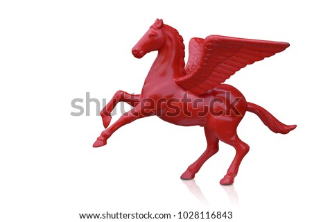 side view di cut red Flying Pegasus Statue on white background,object,decoration,copy space