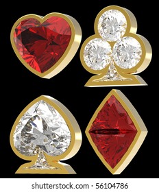 Side view of Diamond shaped Card Suits with golden framing over black background. Other gems are in my portfolio. Extralarge resolution