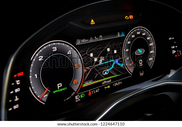 Side view of\
a digital dashboard in a modern\
car.