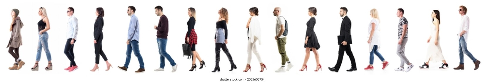 Side view of diverse group of people in casual or business clothing walking in a line. Full body length people isolated on white background - Shutterstock ID 2035603754