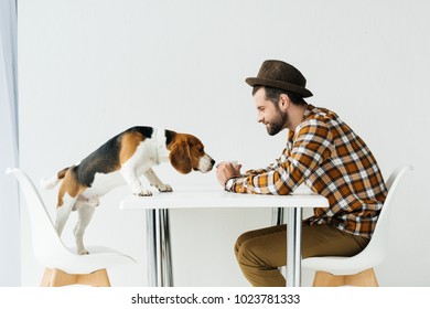 Side View Of Dog Sniffing Food In Man Hand