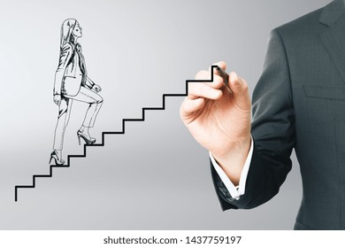 Side view drawing businesswoman running up abstract ladder gray background  Growth   success concept 