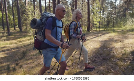 Side View Of Elderly Sporty Hikers Couple On Forest Path With Trekking Poles. Portrait Of Healthy Active Senior Couple Traveling In Woods With Backpacks And Hiking Sticks