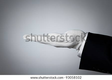 Side view of elegant human hand offering some product
