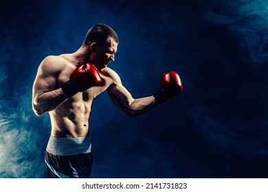 Side view of emotional sportsman muscular boxer fighting on black background with smoke. Boxing sport concept.