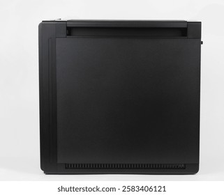 Side view of empty  big tower, PC case, chassis,  studio shoot on white background. 